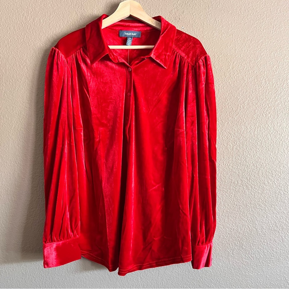 Modcloth Red Long Sleeve Velvet Flowy Blouse Size 2X NWT